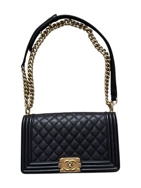 Chanel Boy Bag Medium Size Black Caviar Leather with Gold Hardware